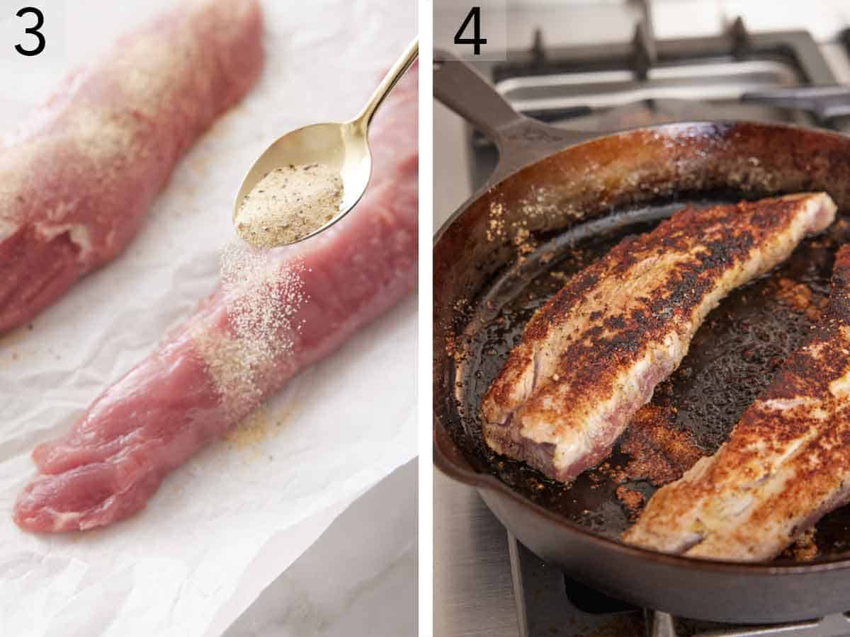 Set of two photos showing seasoning sprinkled over pork tenderloin and seared in a cast iron.