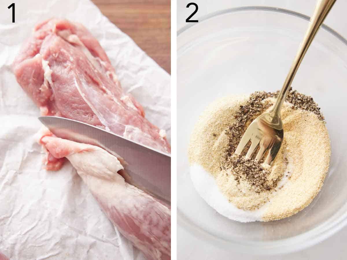 Set of two photos showing fat trimmed off the meat and seasoning mixed in a bowl.