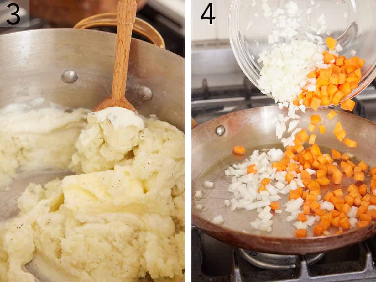 Set of two photos showing mashed potatoes stirred in a pot and onions and carrots added to a skillet.