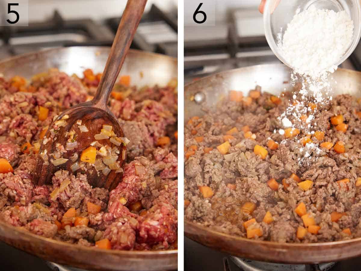 Set of two photos showing ground meat added to a skillet and browned then flour added.