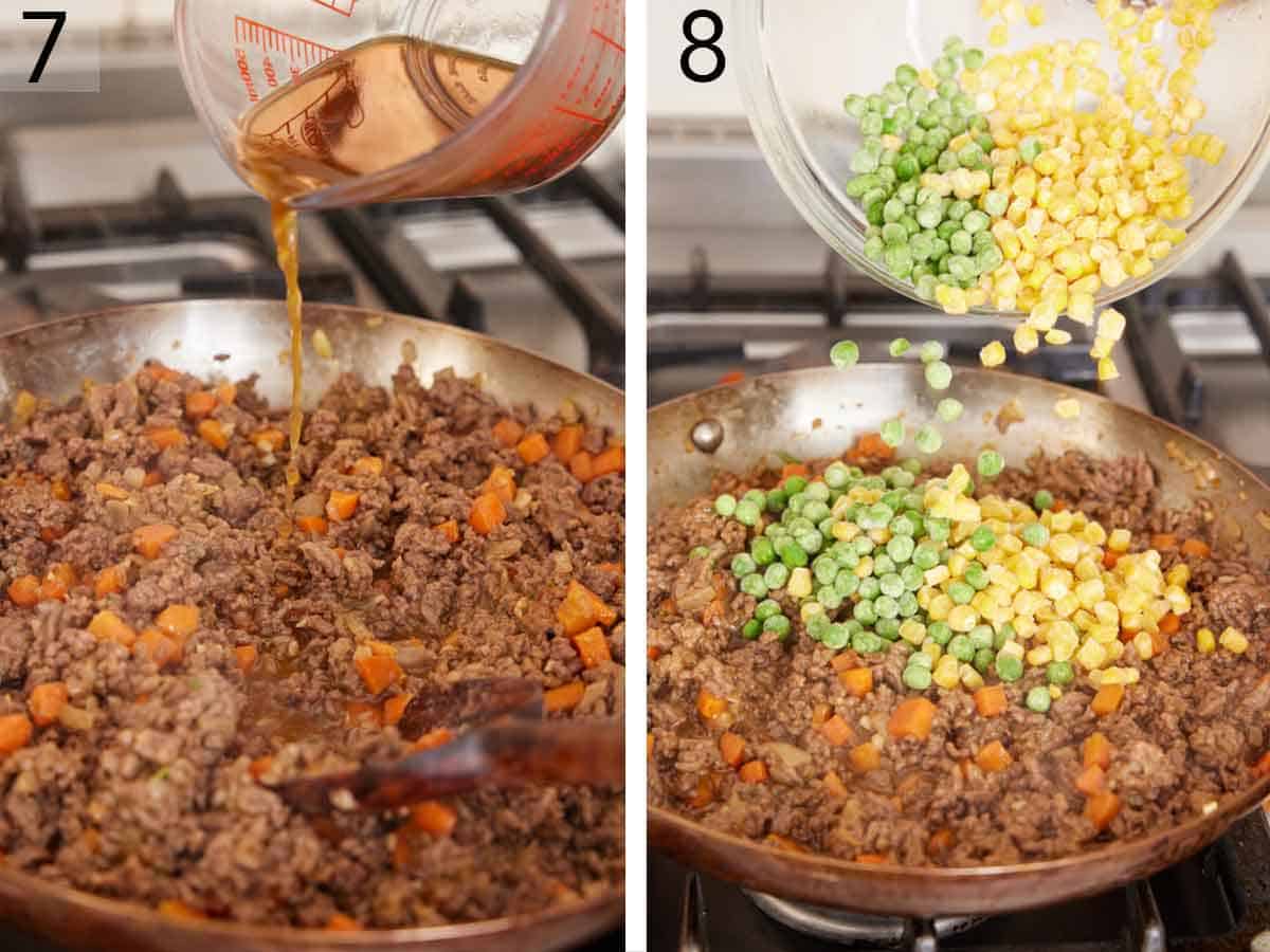 Set of two photos showing broth and frozen peas and corn added to a skillet.