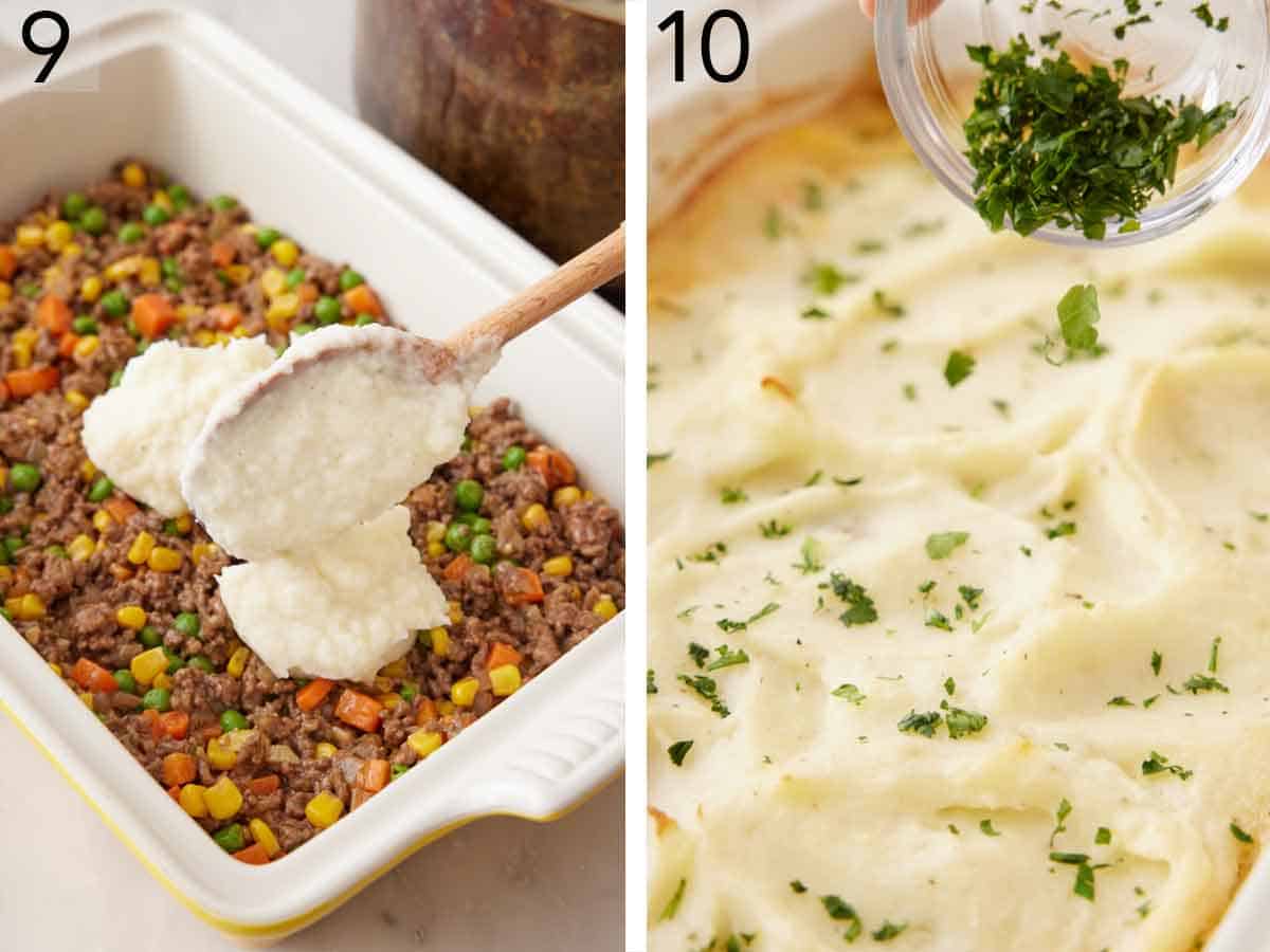 Set of two photos showing mashed potatoes added over a baking dish filled with ground beef mixture and parsley sprinkled on top.