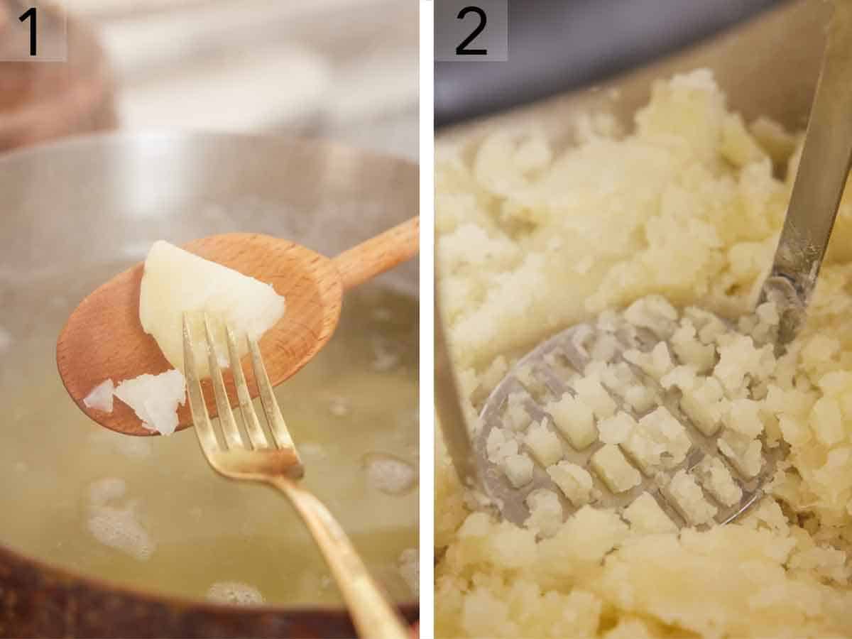 Set of two photos showing potatoes cooked until fork tender and mashed.