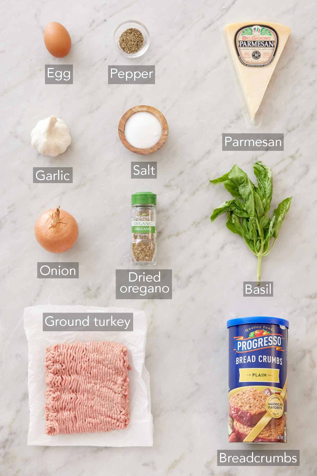 Ingredients needed to make turkey meatballs.