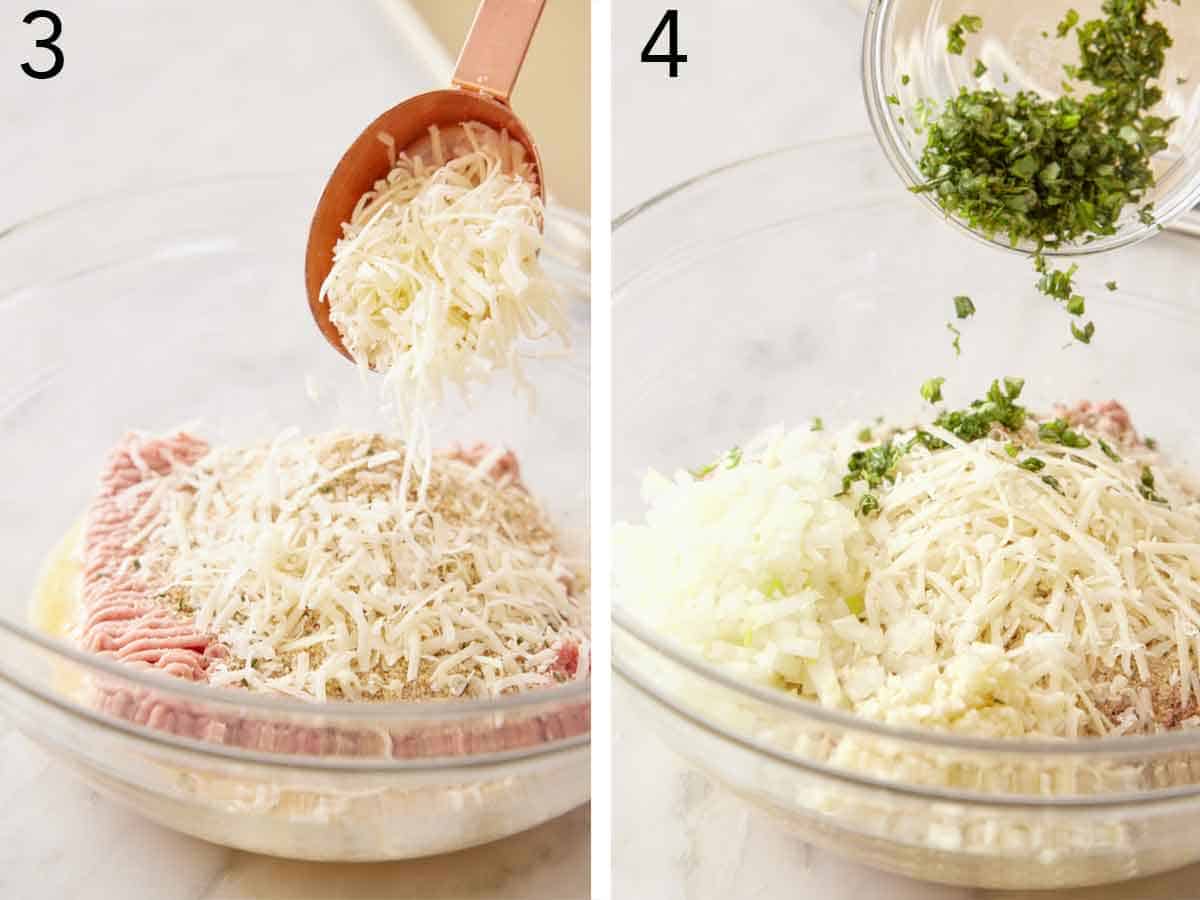 Set of two photos showing shredded parmesan and chopped basil added to a bowl.