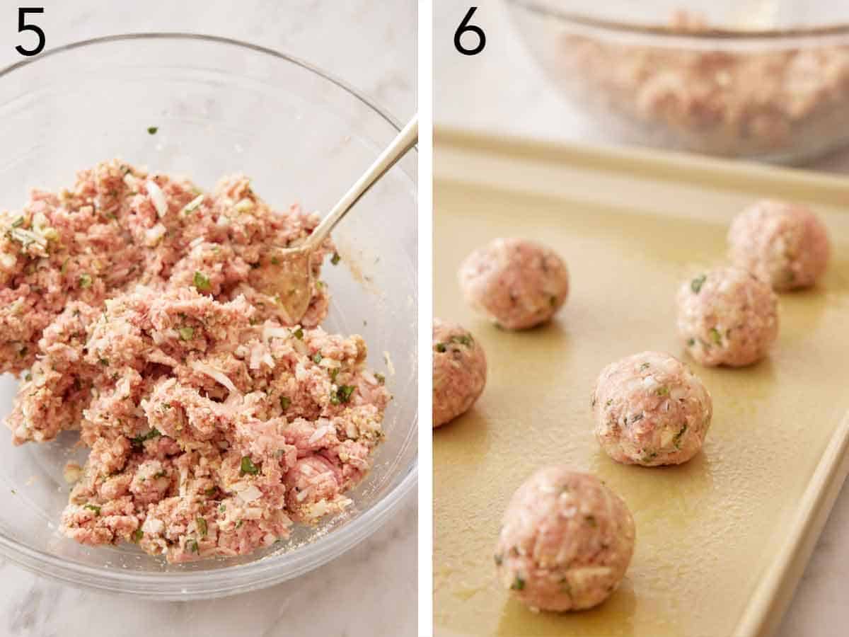Set of two photos showing meat mixture mixed and rolled into balls, placed on a sheet pan.