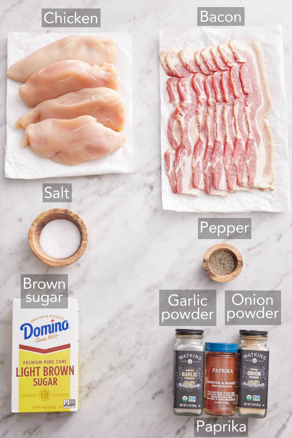 Ingredients needed to make bacon wrapped chicken.