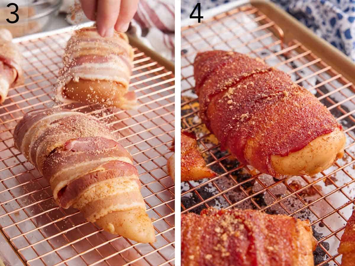 Set of two photos showing bacon wrapped on the chicken and more seasoning sprinkled on top then baked.