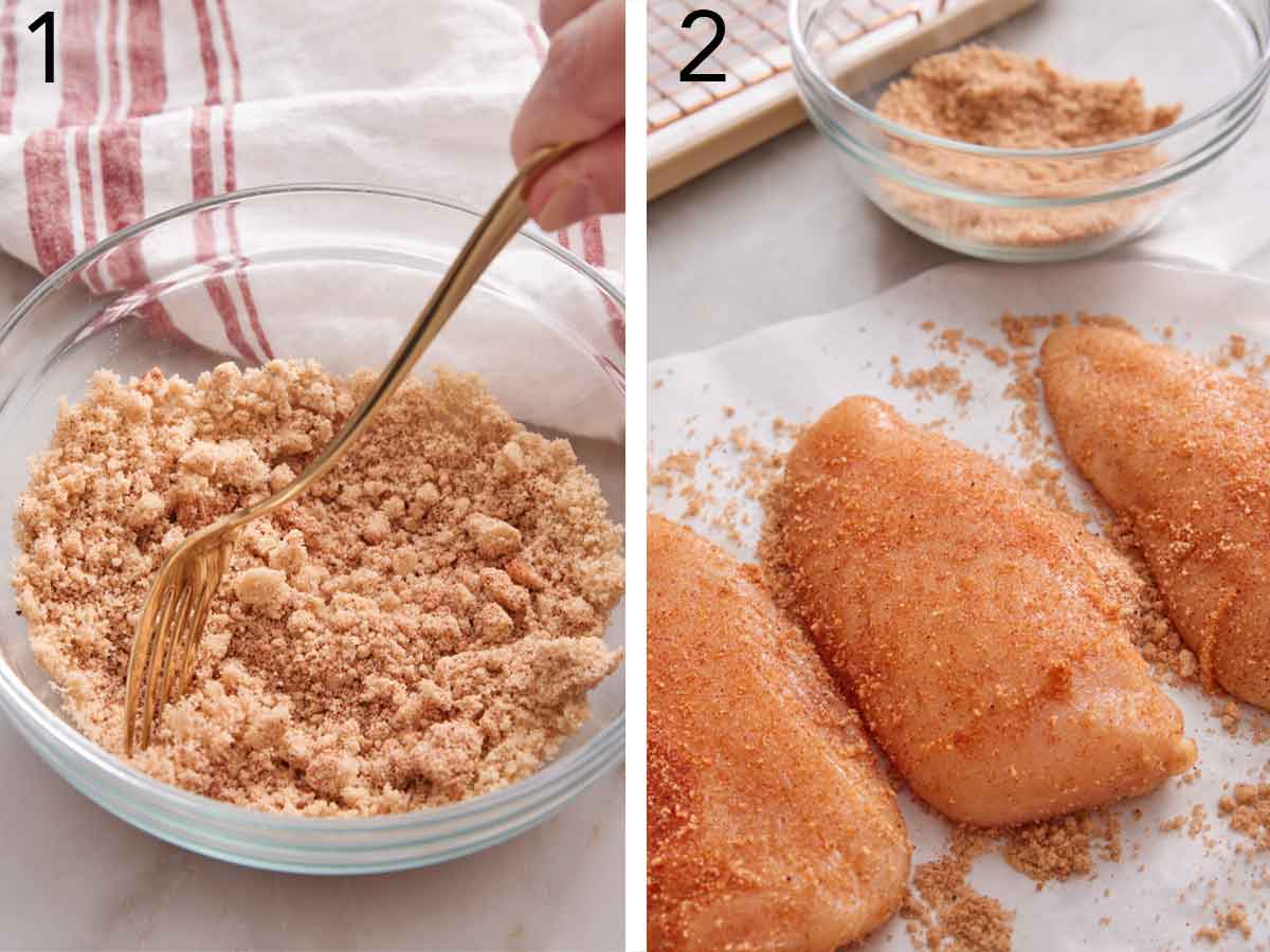 Set of two photos showing seasoning mixed and rubbed on the breasts.