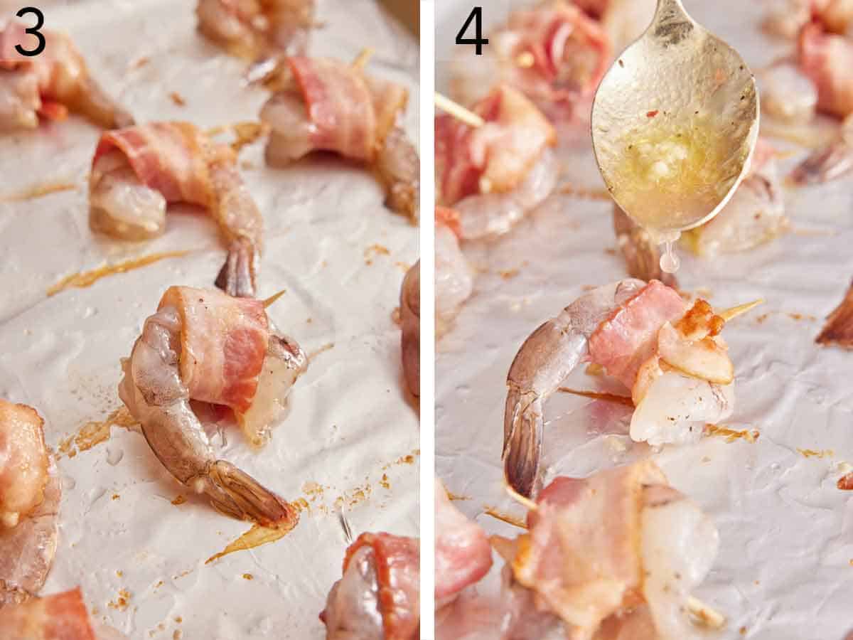 Set of two photos showing the shrimp wrapped with bacon and oil drizzled over top.