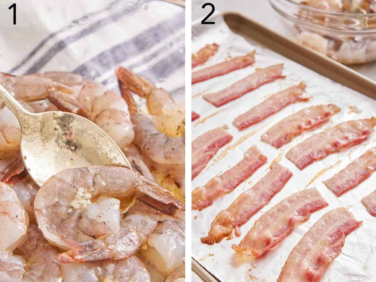 Set of two photos showing shrimp seasoned and bacon on a sheet pan.