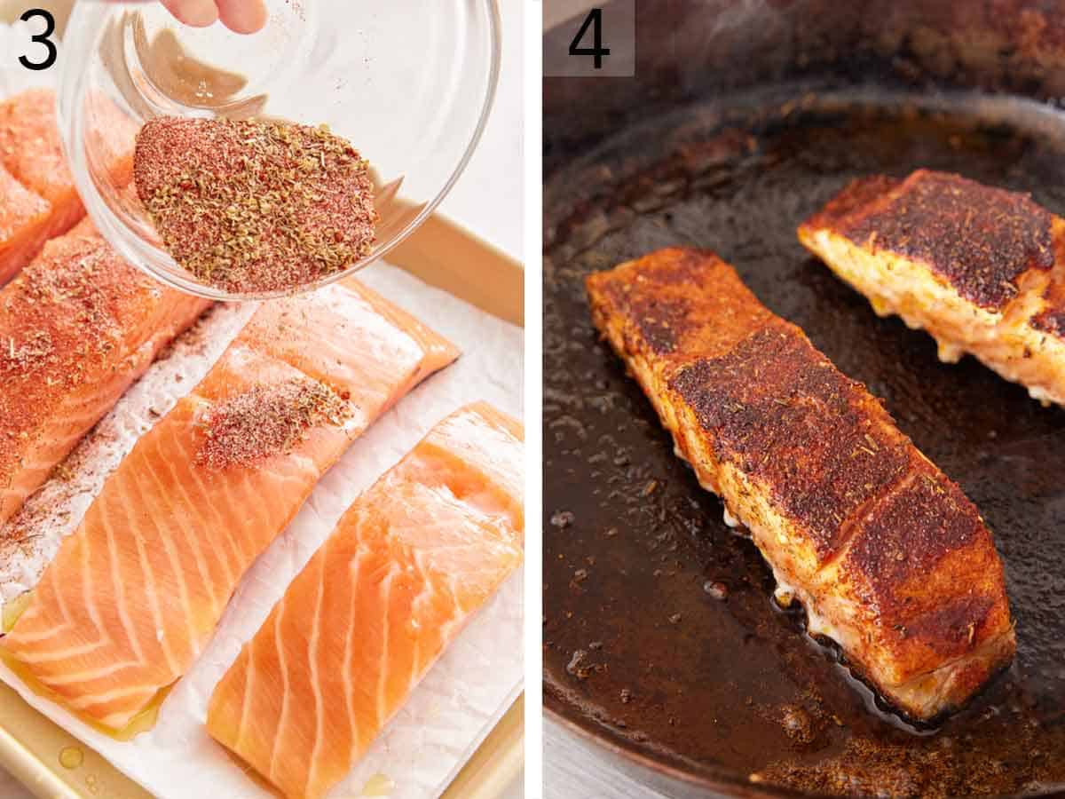 Set of two photos showing seasoning sprinkled over fillets and seared in a cast iron skillet.