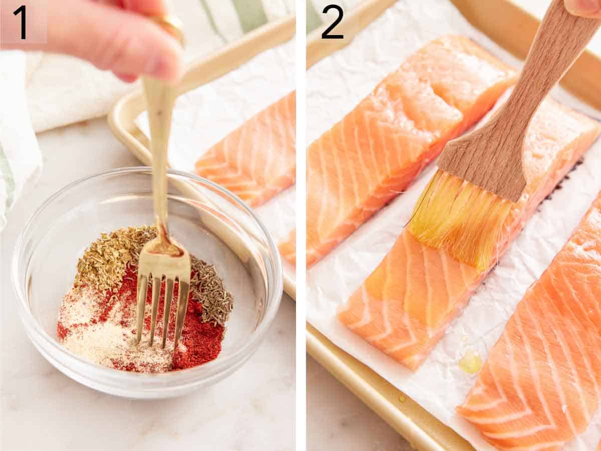 Set of two photos showing seasoning mixed in a bowl and oil brushed onto fillets.