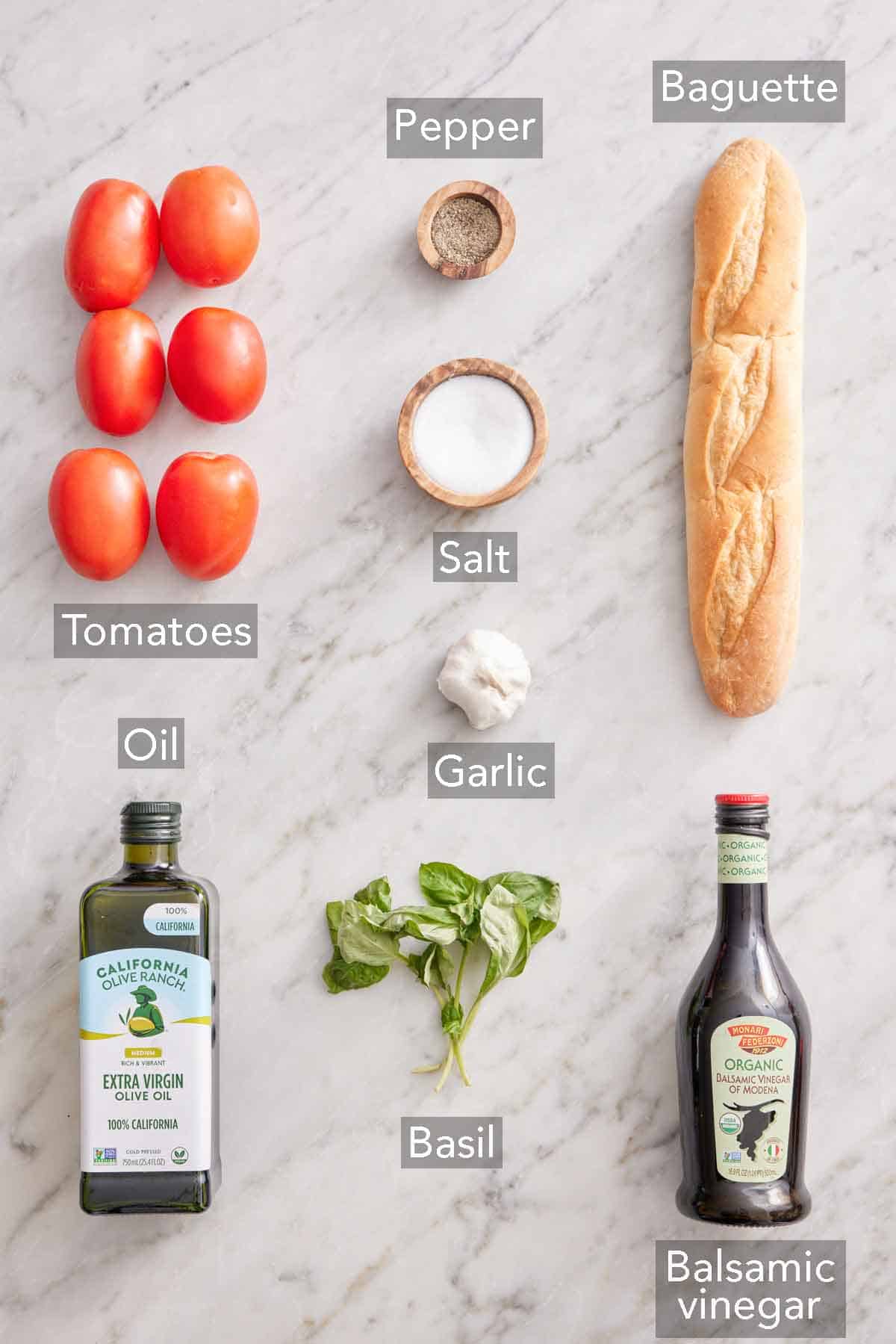 Ingredients needed to make bruschetta.