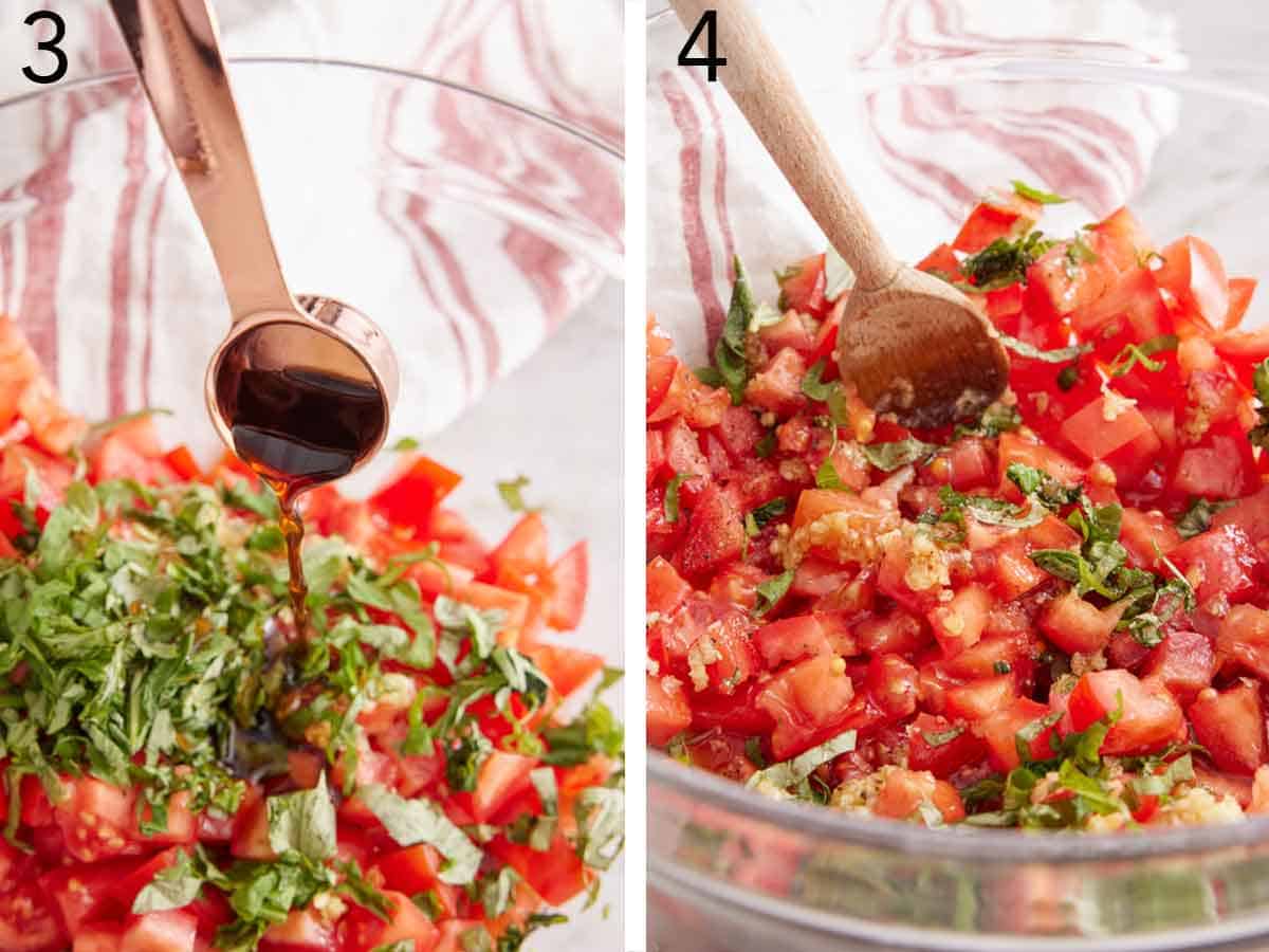 Set of two photos showing balsamic vinegar added to the mixture in a bowl and then stirred together.
