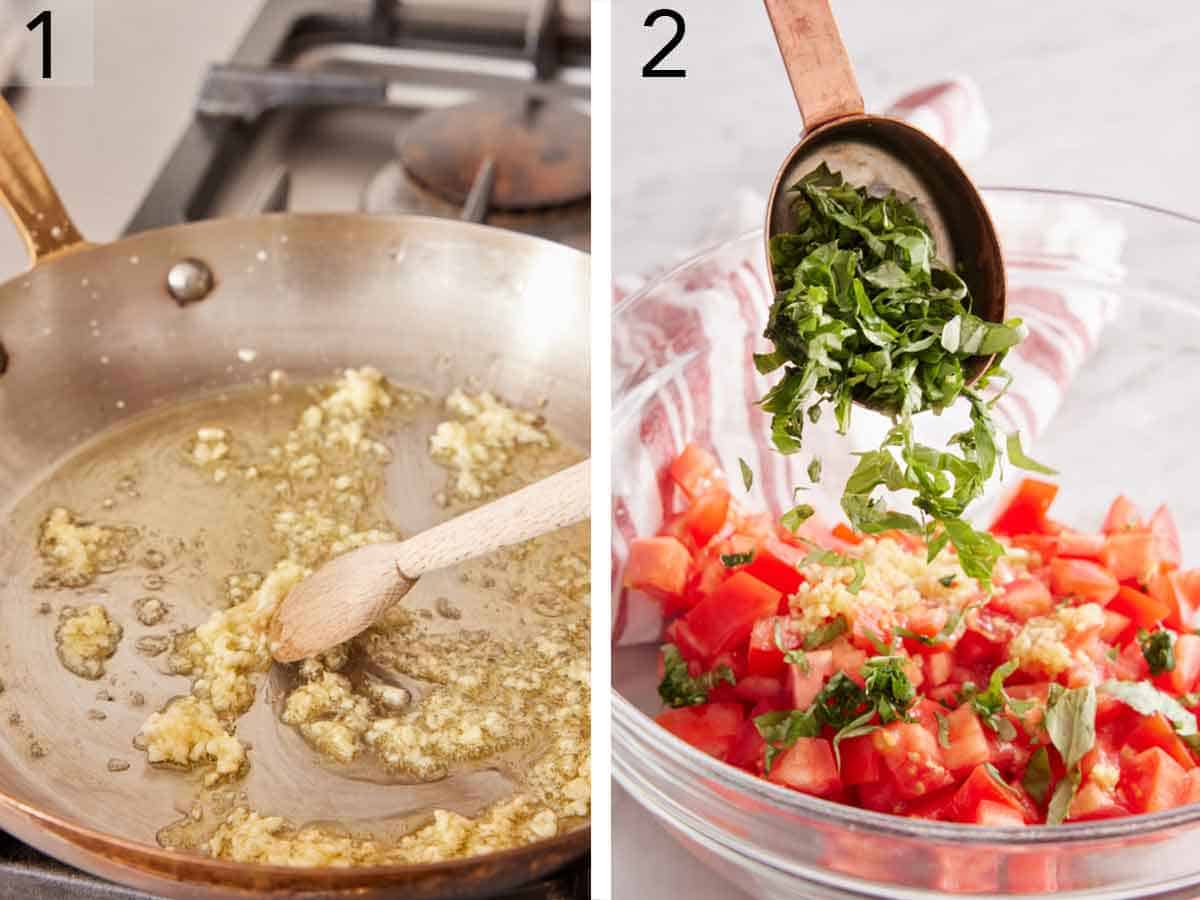 Set of two photos showing garlic cooked in a skillet and basil added to a bowl of tomatoes and garlic.