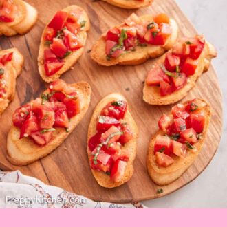 Pinterest graphic of an overhead view of a wooden serving board with bruschetta.