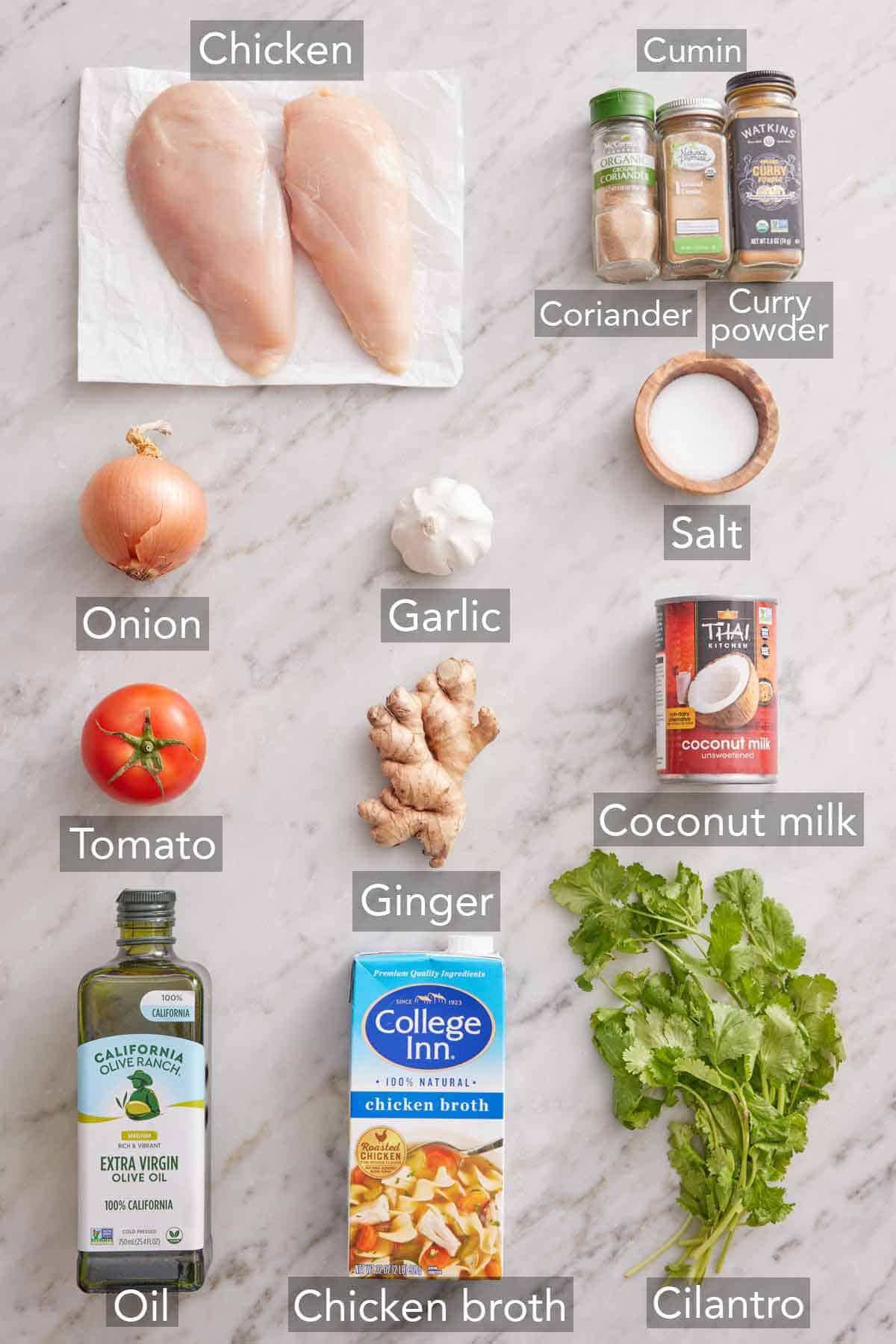 Ingredients needed to make chicken curry.