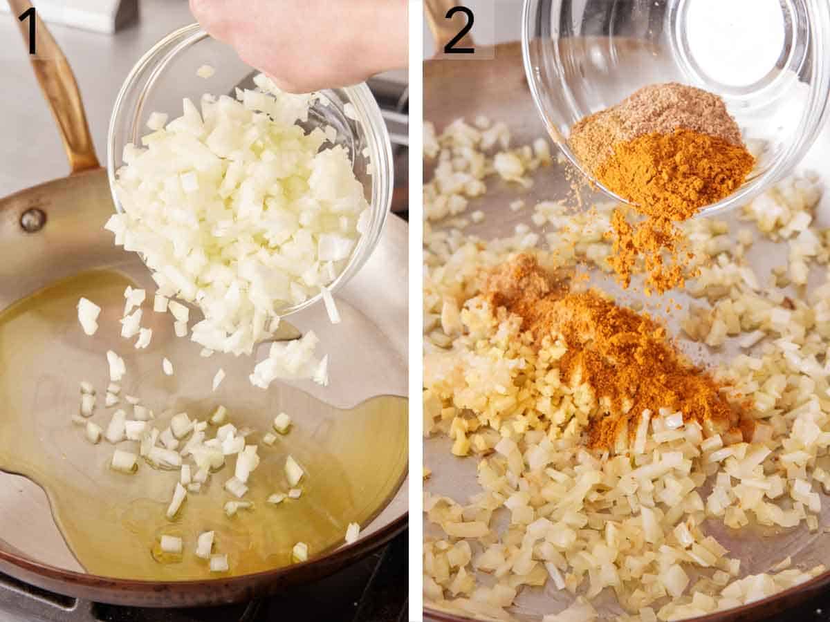 Set of two photos showing diced onions added to a oiled skillet and then spices poured on top.