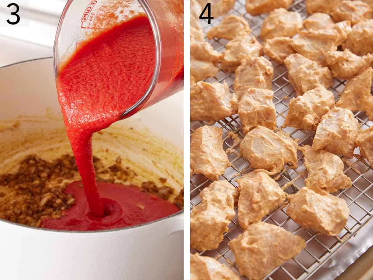 Set of two photos showing tomato puree added to a pot and diced chicken on a rack.