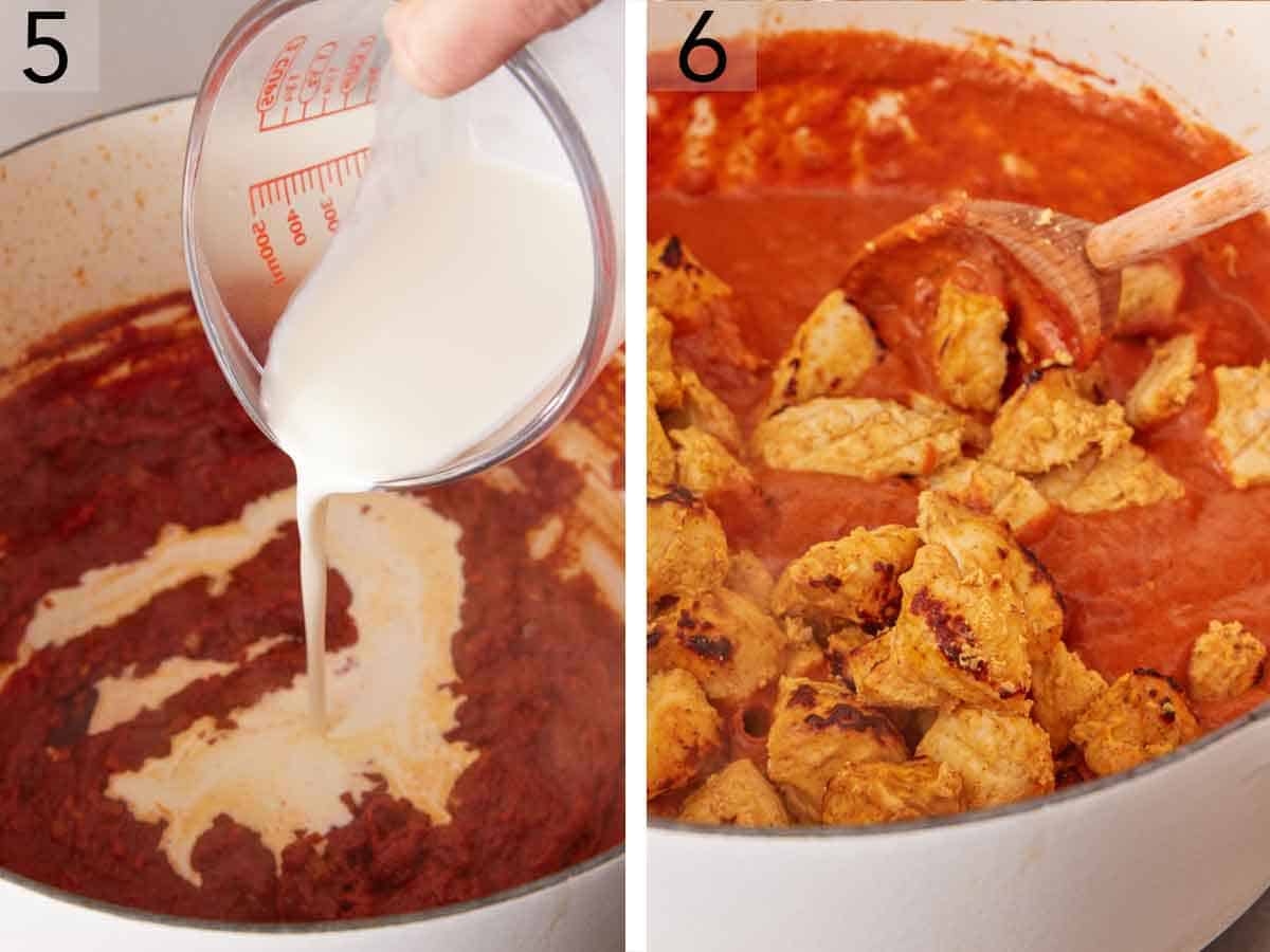 Set of two photos showing cream added to the sauce in the pot and chicken stirred in.