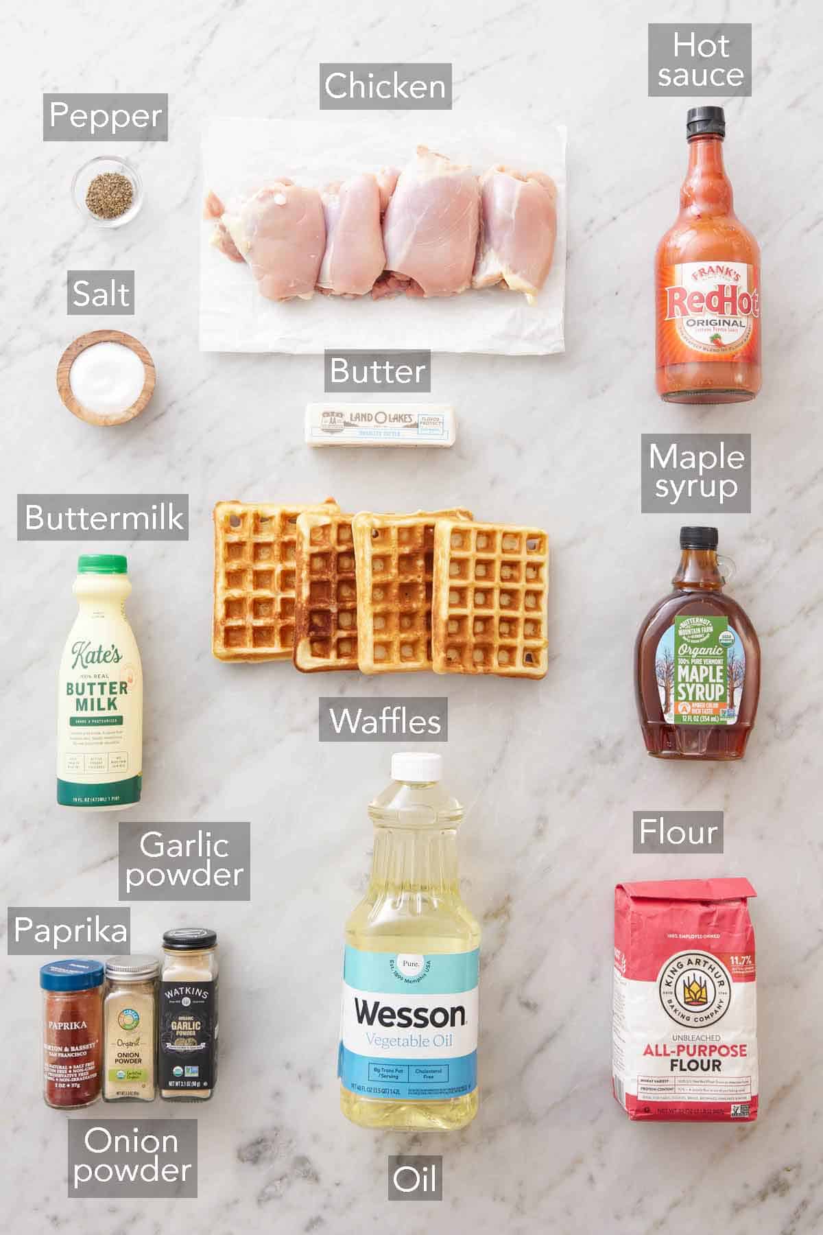 Ingredients needed to make chicken and waffles.