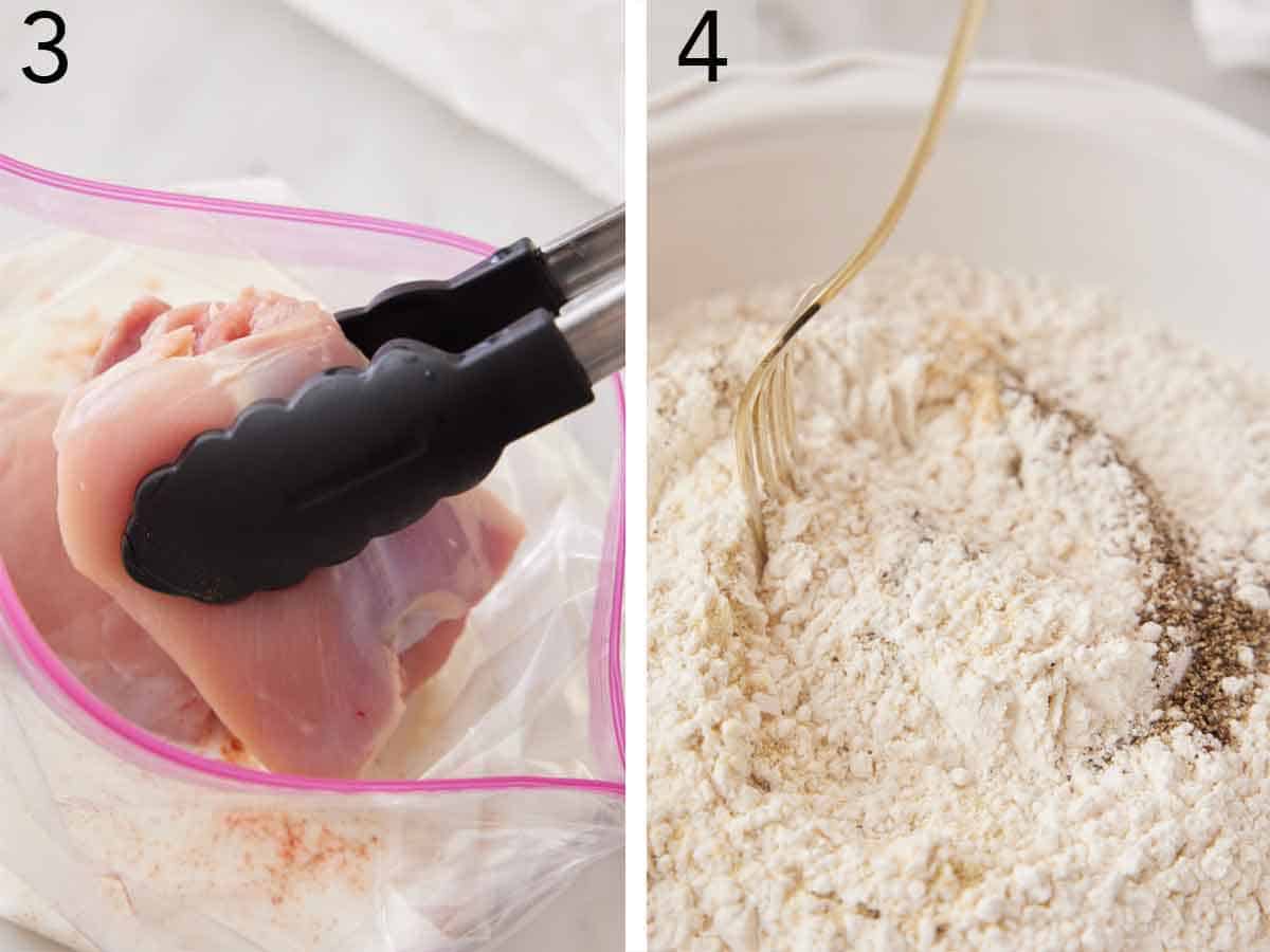 Set of two photos showing the meat added to a ziptop bag and flour mixed with seasoning with a fork.