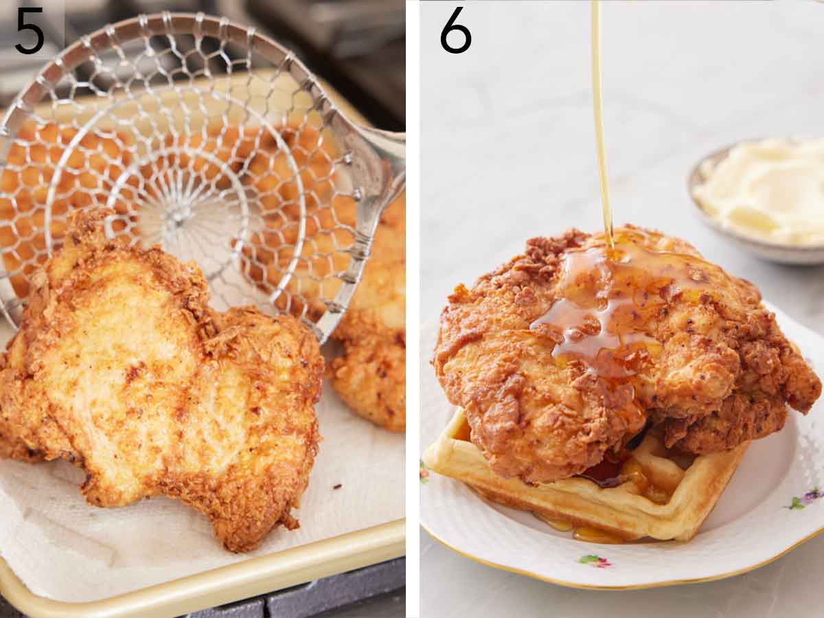 Set of two photos showing fried chicken placed on a paper towel to drain and then served with waffles and syrup.
