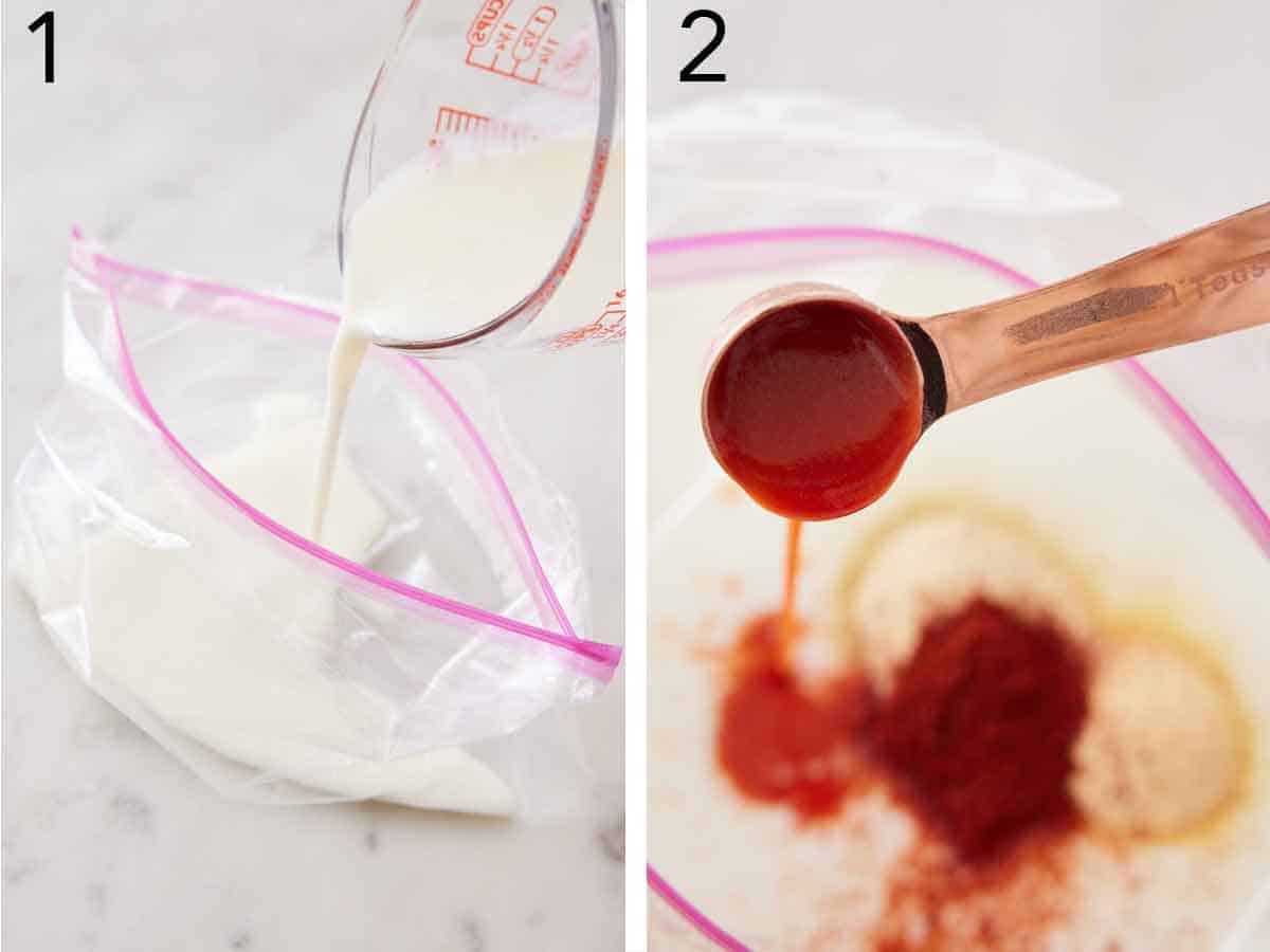 Set of two photos showing buttermilk and hot sauce added to a ziptop bag.
