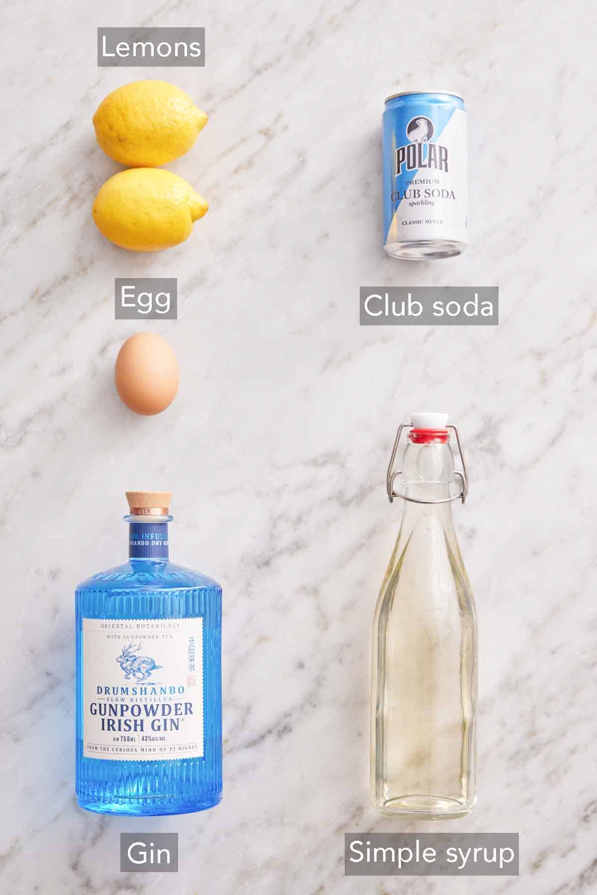 Ingredients needed to make a Gin Fizz.