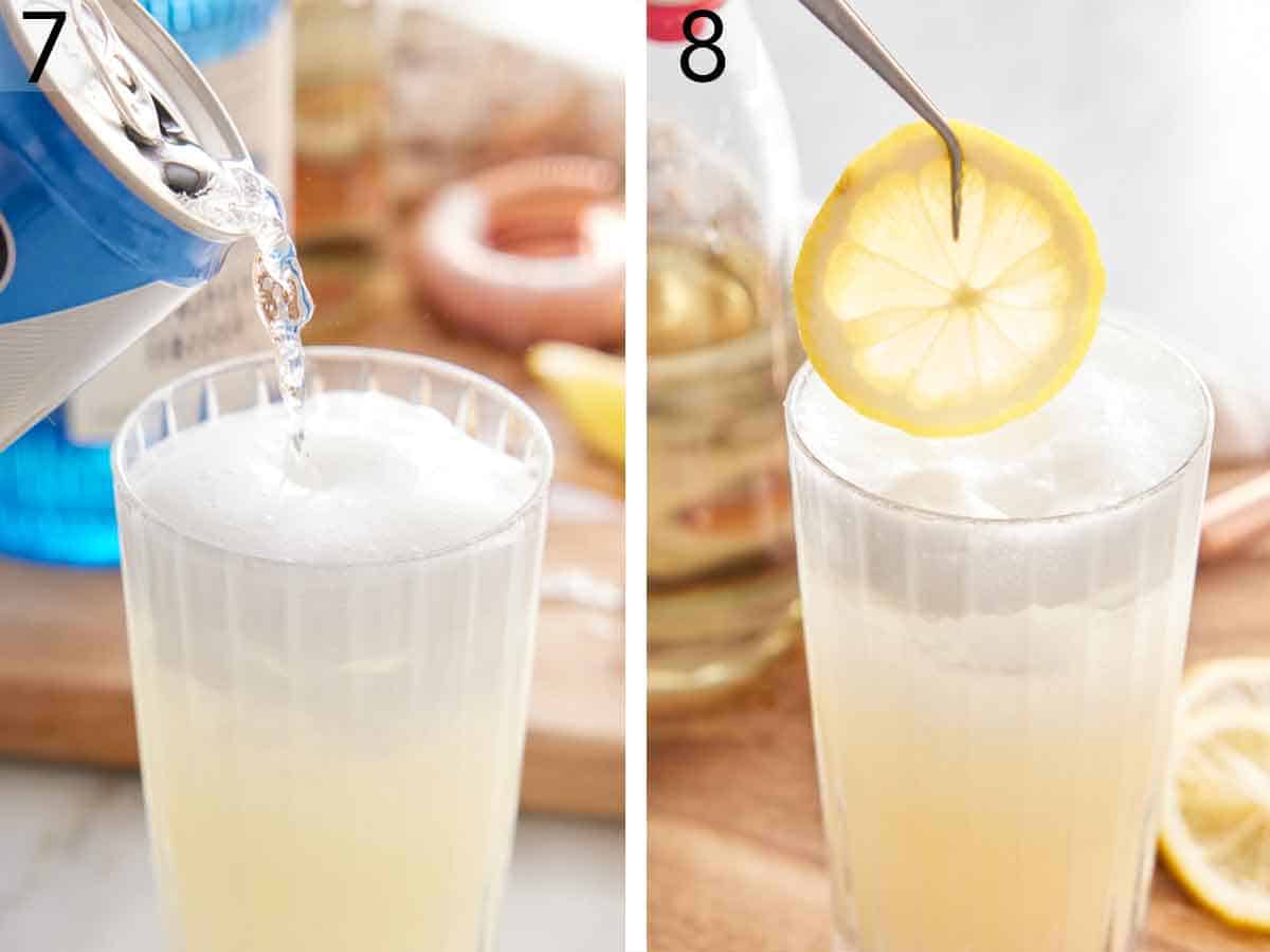 Set of two photos showing club soda and a lemon slice added to the cocktail.