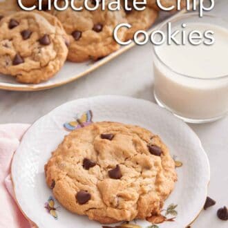 Pinterest graphic showing a plate with a peanut butter chocolate chip cookie with a glass of milk and additional cookies in the back.