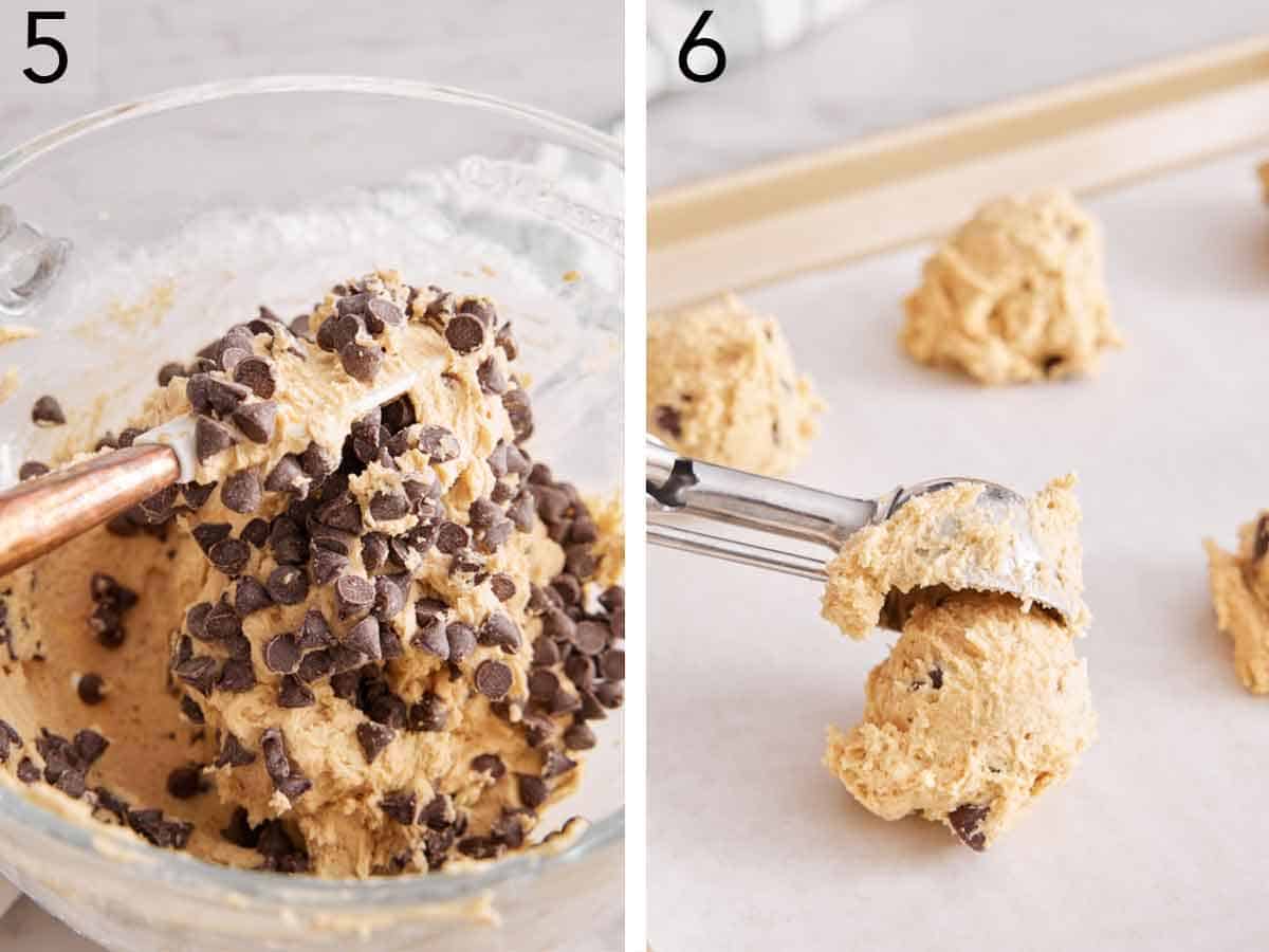 Set of two photos showing chocolate chips folded into the cookie dough and scooped onto a sheet pan.