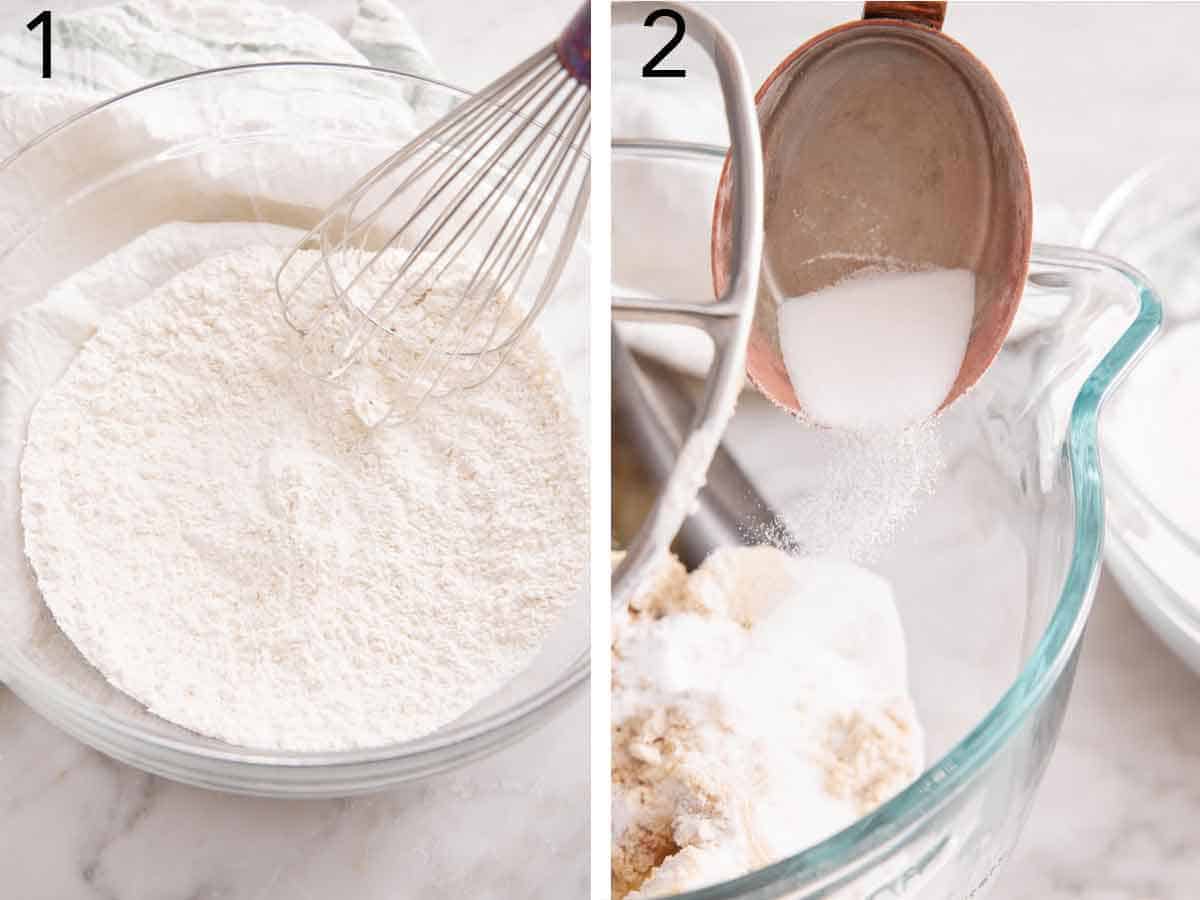 Set of two photos showing dry ingredients whisked together and sugar added to a mixing bowl.