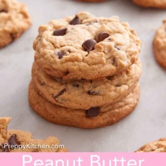 Pinterest graphic of a stack of three peanut butter chocolate chip cookies.