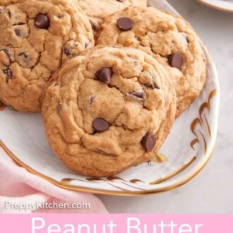 Pinterest graphic of an oval platter with multiple peanut butter chocolate chip cookies.