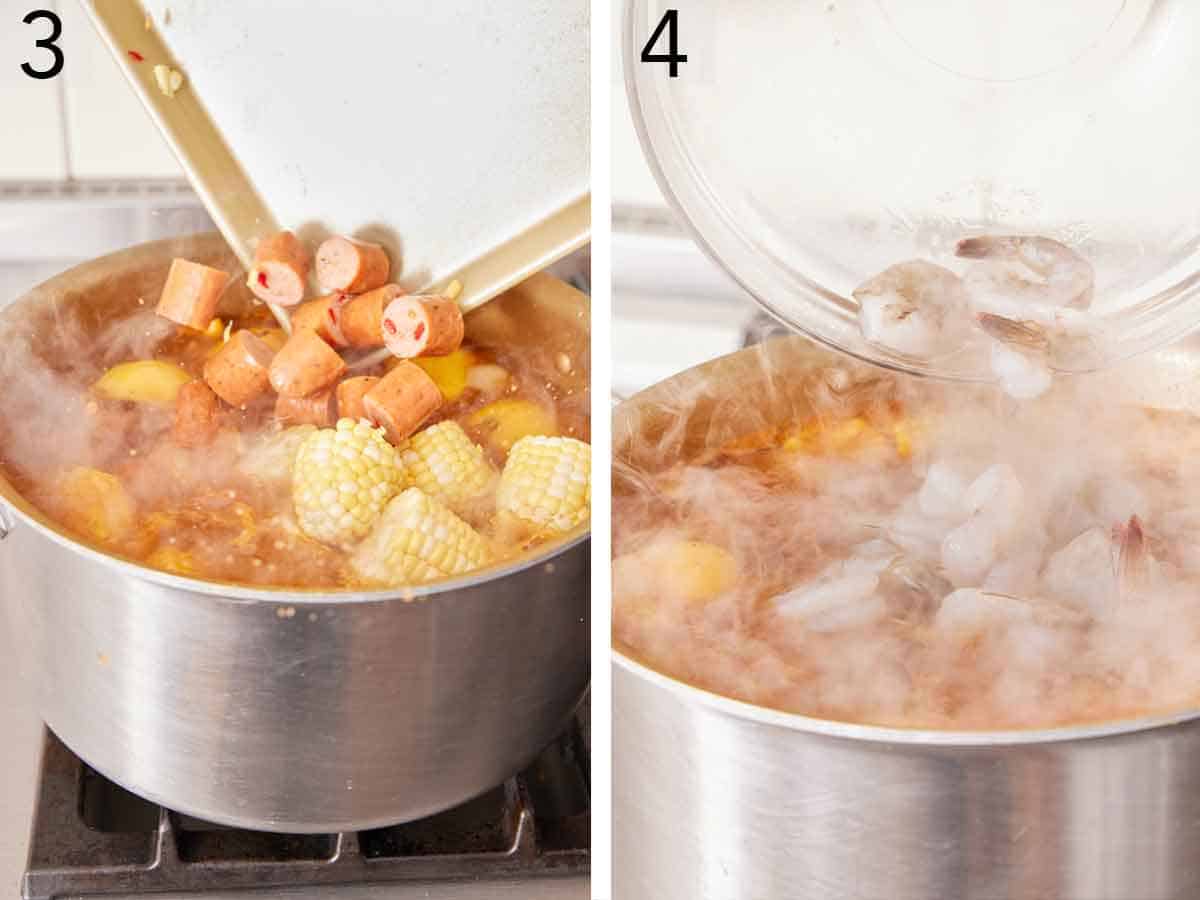 Set of two photos showing sausages and shrimp added to the boiling pot on the stove.