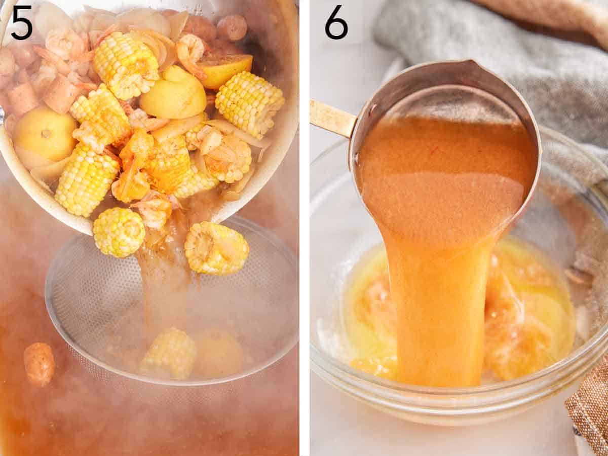 Set of two photos showing shrimp boil strained and liquid added to melted butter.