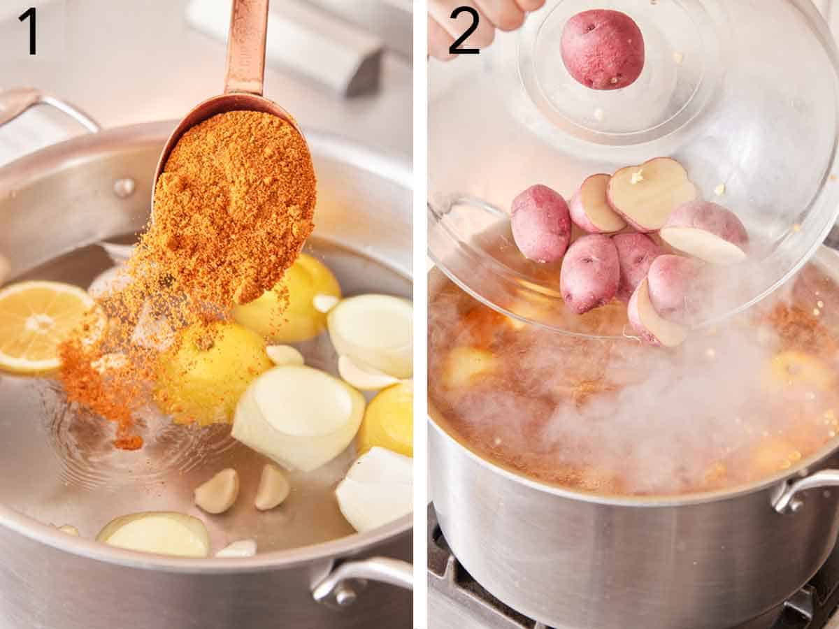 Set of two photos showing old bay seasoning and baby potatoes added to a pot.