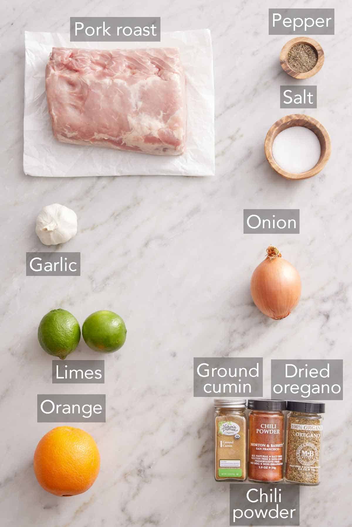 Ingredients needed to make slow cooker carnitas.