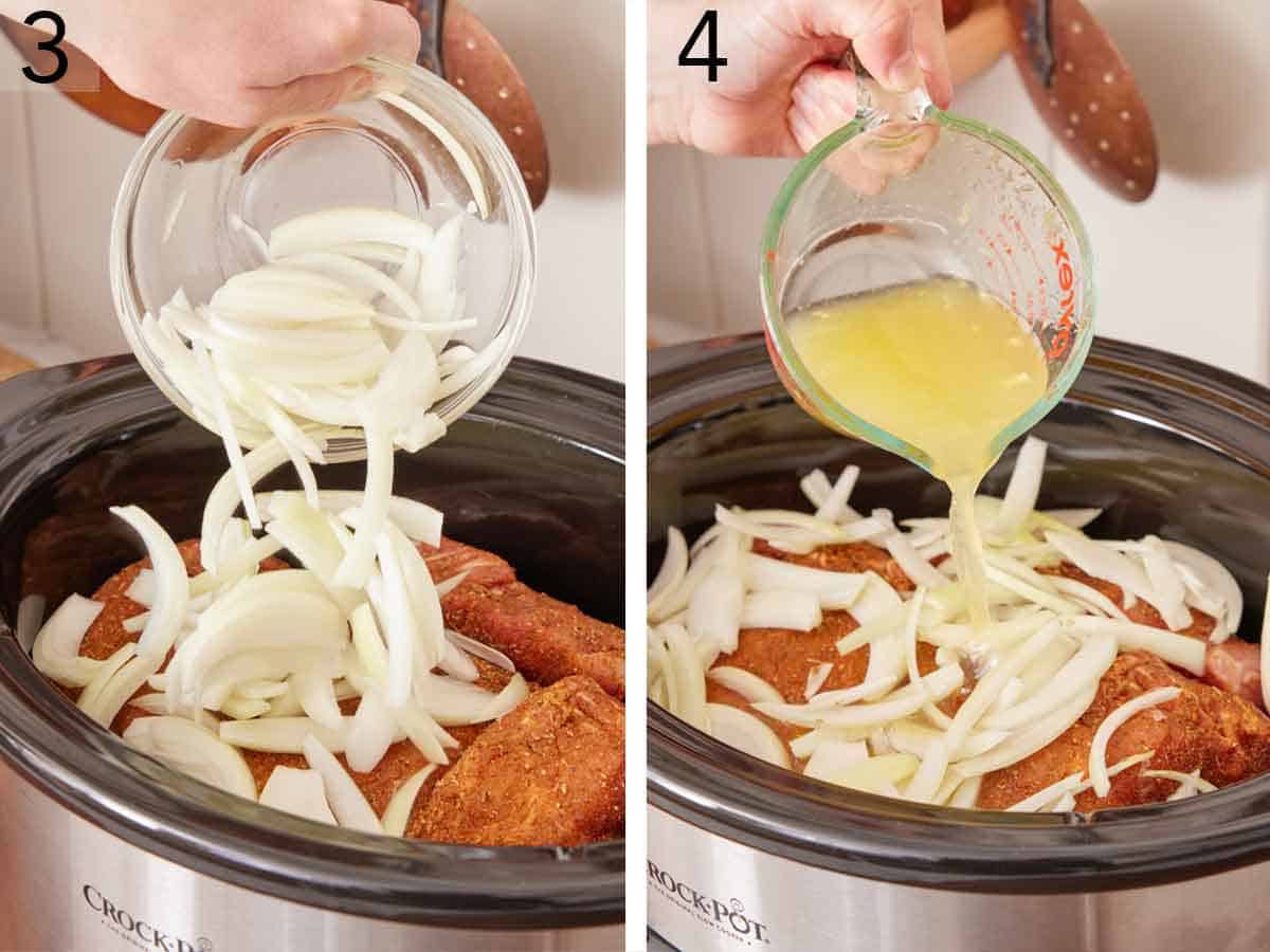 Set of two photos showing onions and citrus juice poured into the slow cooker.