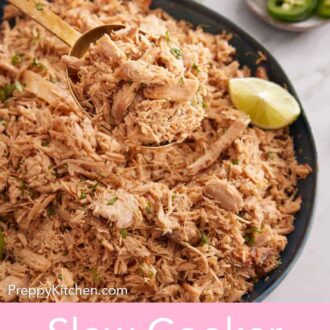 Pinterest graphic of a spoonful of slow cooker carnitas listed from a platter.