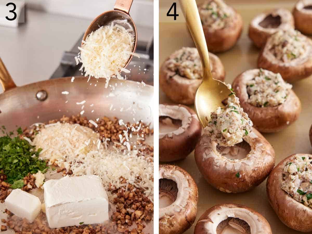 Set of two photos showing a scoop of parmesan cheese added to a skillet and then filling scooped into a mushroom.