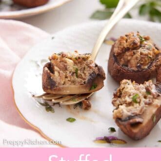 Pinterest graphic of a side view of a fork underneath a stuffed mushroom.