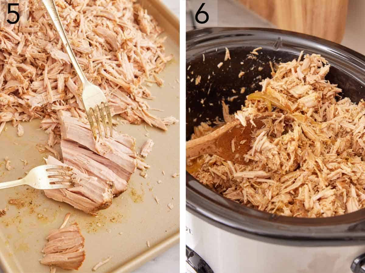 Set of two photos showing meat shredded with two forks and mixed with the juices in the crock pot.
