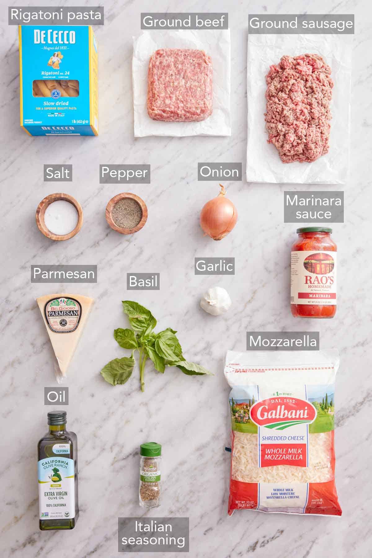 Ingredients needed to make baked rigatoni.