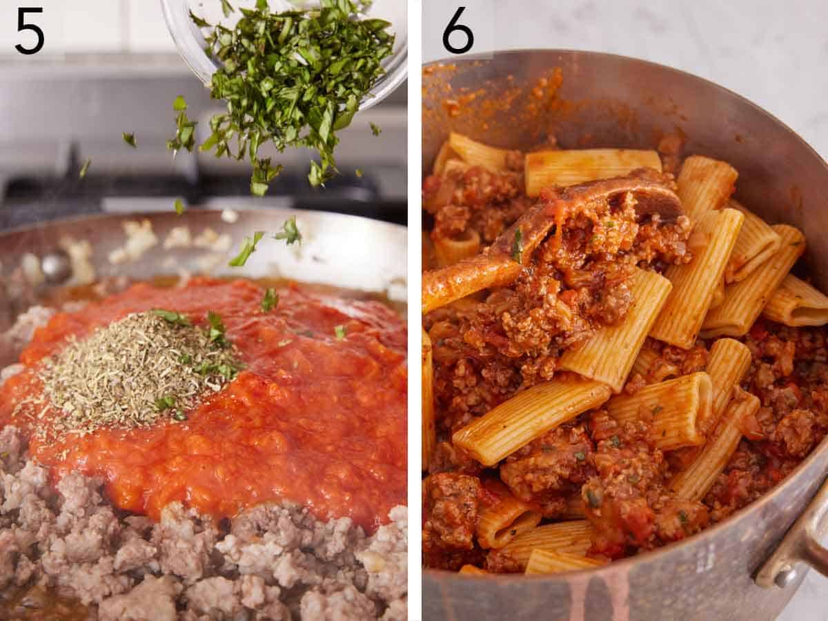 Set of two photos showing fresh and dried herbs added to the marinara sauce and pasta combined with the meat sauce.