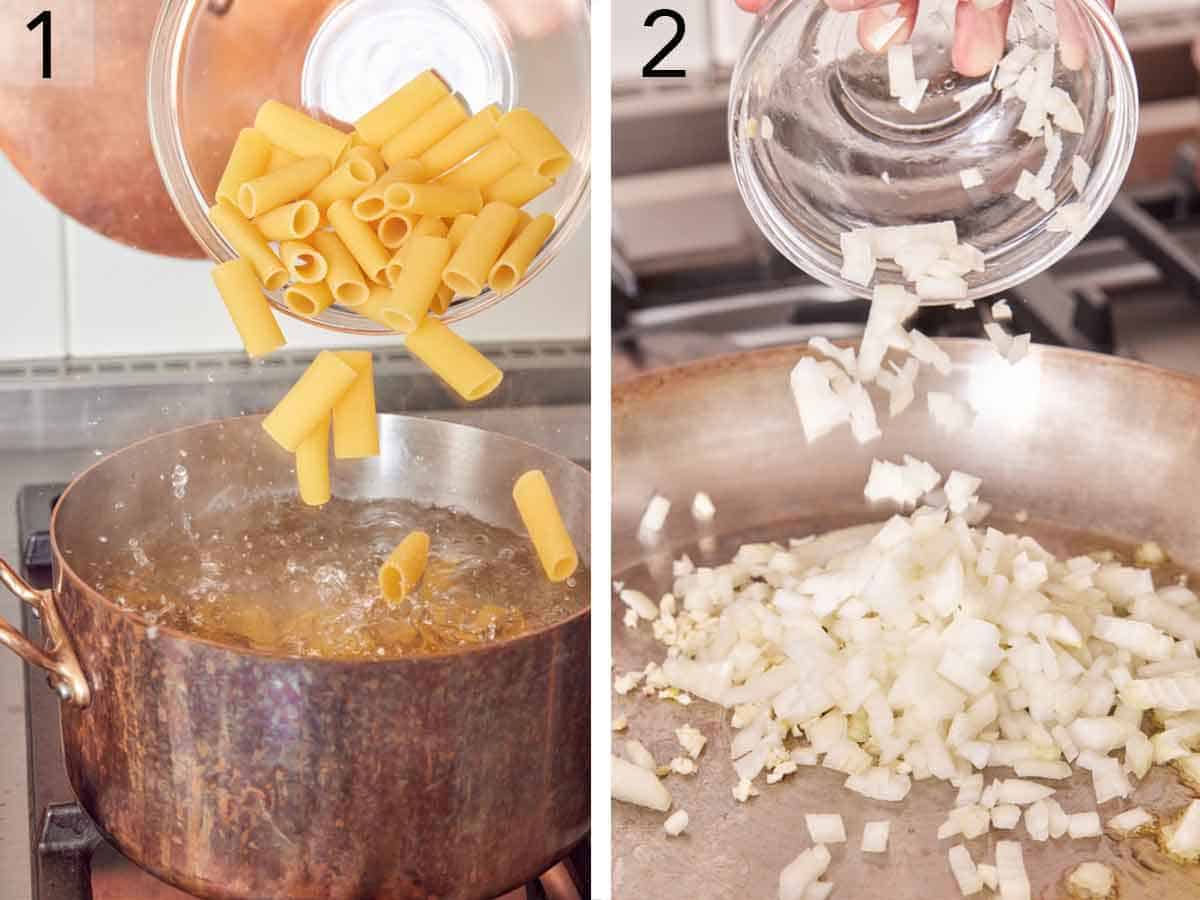 Set of two photos showing pasta added to a pot of water and onions added to a skillet.