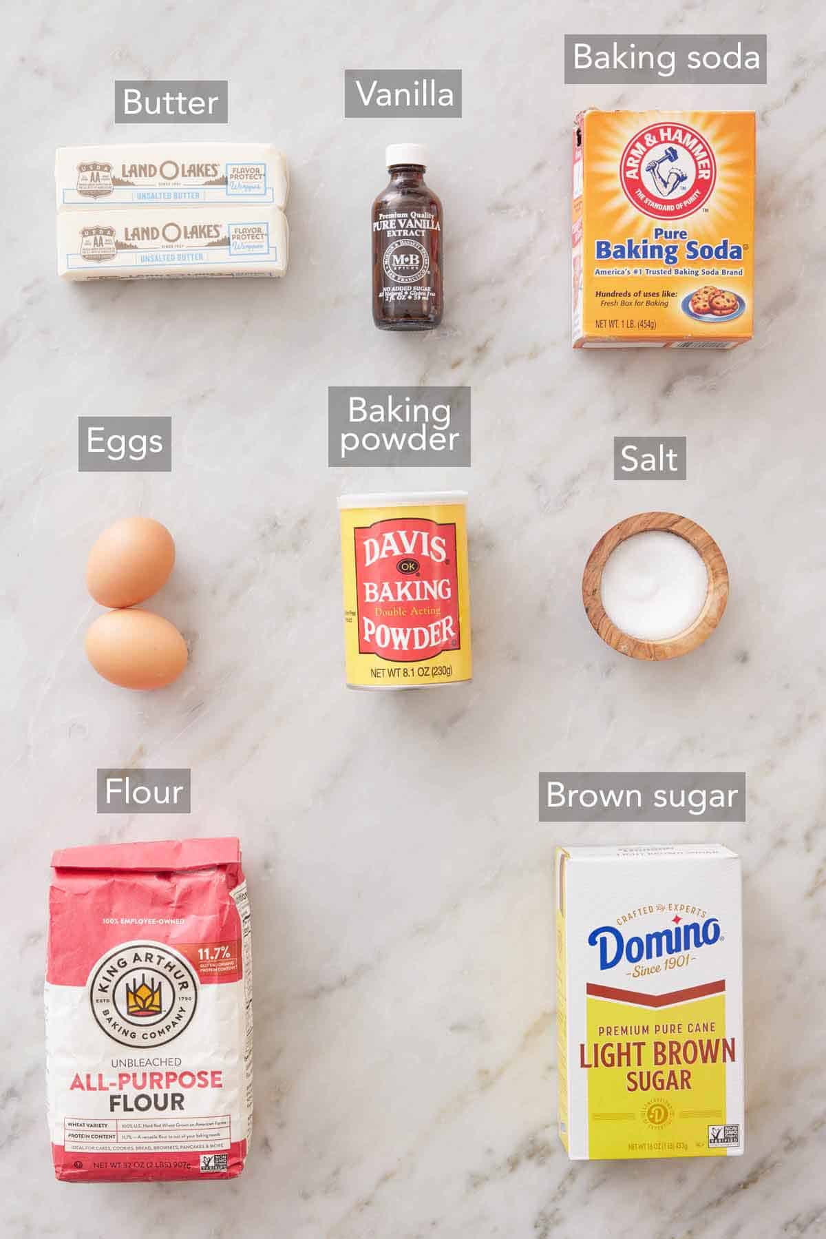 Ingredients needed to make brown sugar cookies.