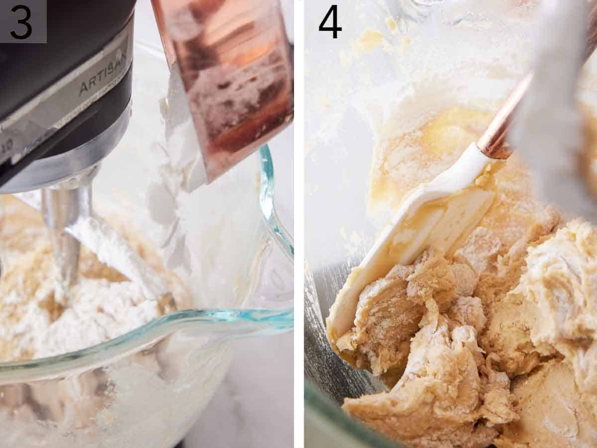 Set of two photos showing flour added to a mixing bowl and stirred.